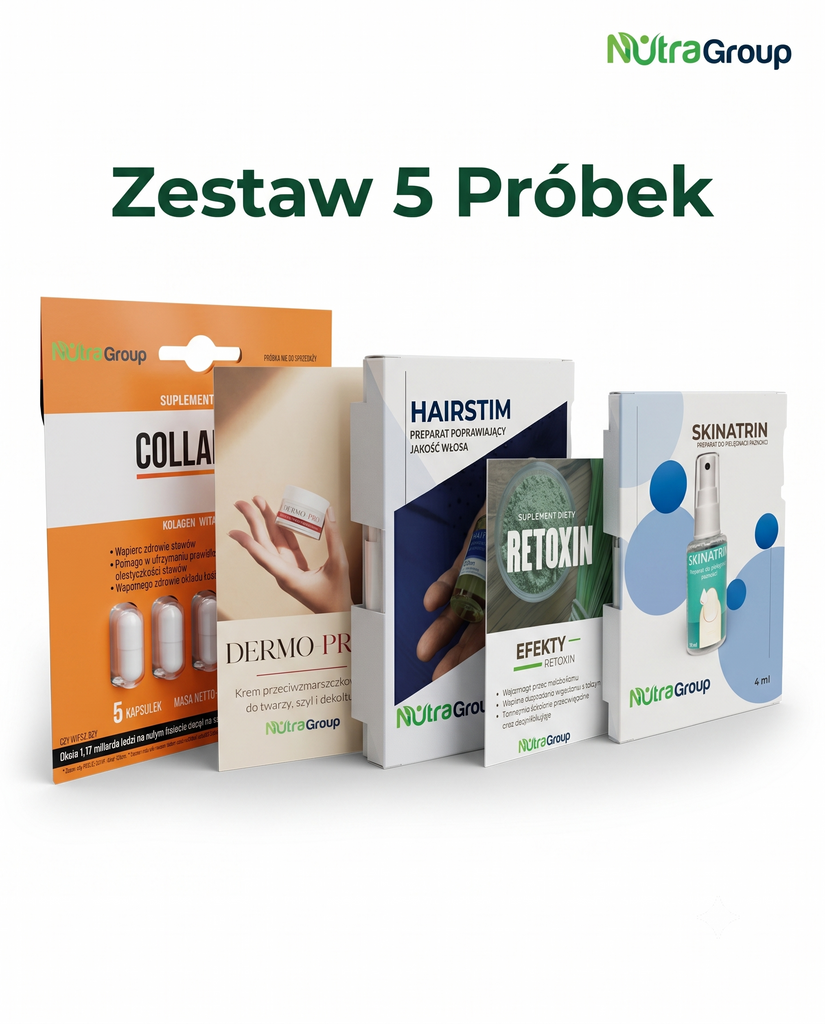 Zestaw 5 Próbek Nutra Group – Colladiox Pro, Dermo-Pro, Hairstim, Retoxin, Skinatrin Nutra Group Shop